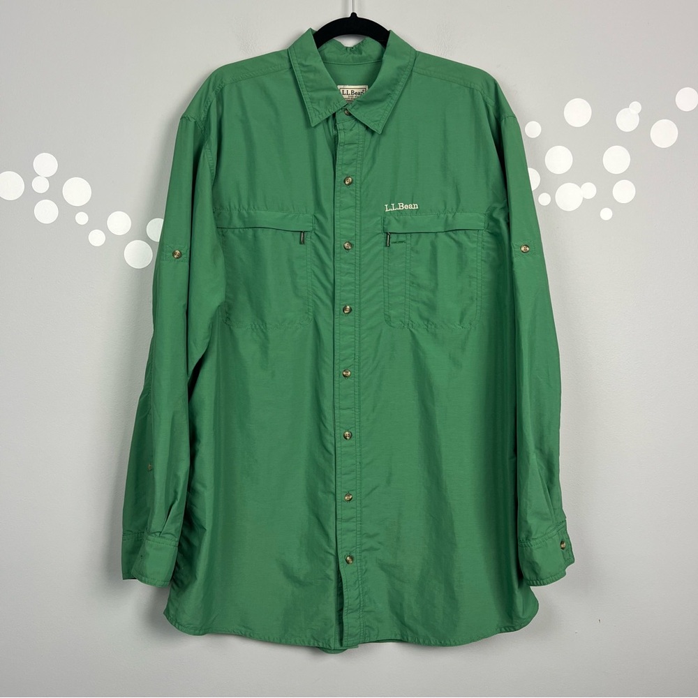 L.L. Bean Green Nylon Blend Button-Down Shirt Size L Tall Zip Pockets